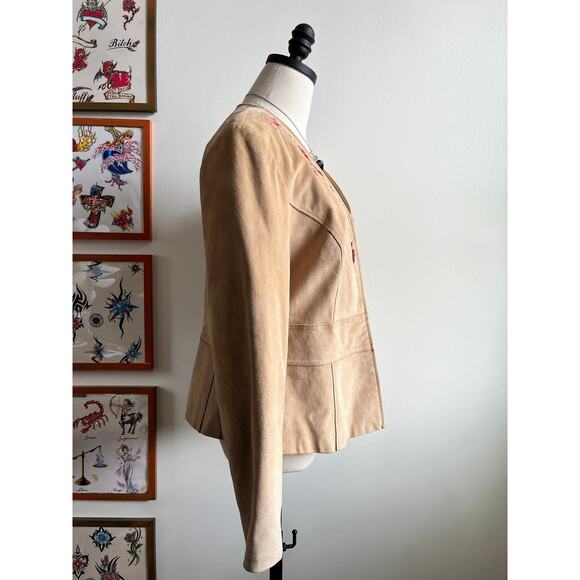 Vintage Y2K Suede Jacket | Wine Floral Embroidery | Khaki Leather | Size L - Picture 8 of 11